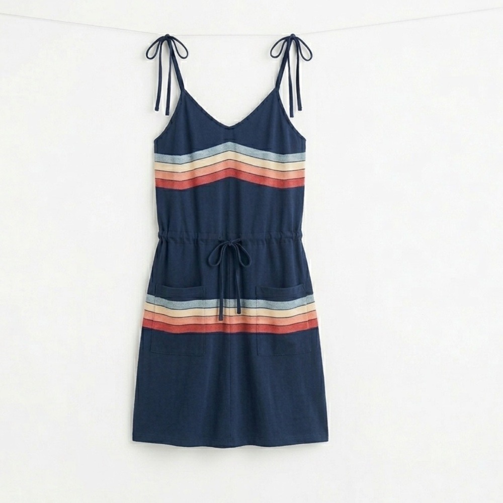 Etcyy Boho Coastal Summer Faded Navy Striped Midi Dress Tie Straps Pockets